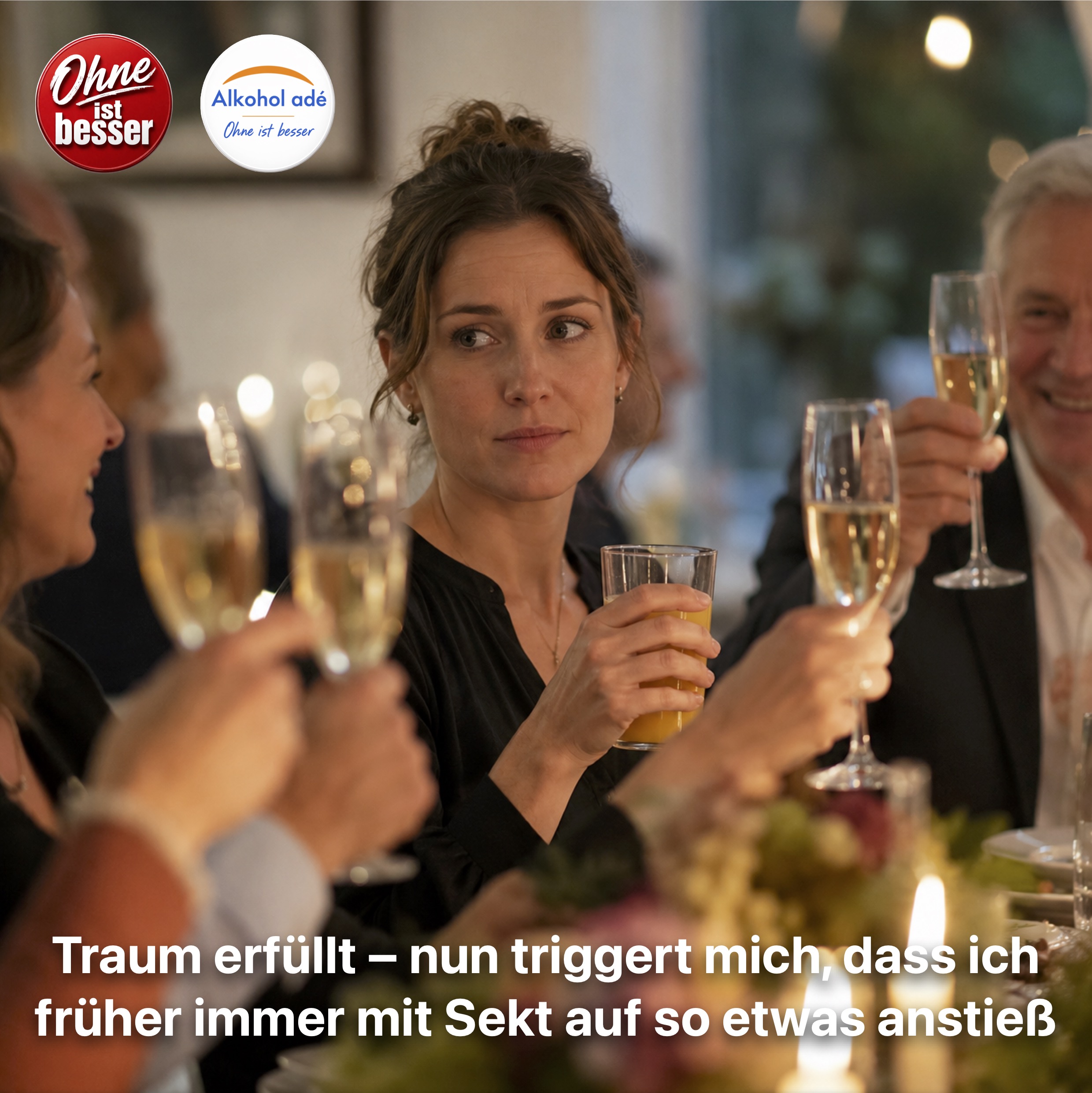 Frau hält Glas mit Orangensaft, während andere mit Sekt anstoßen – innerer Konflikt bei Abstinenz sichtbar
