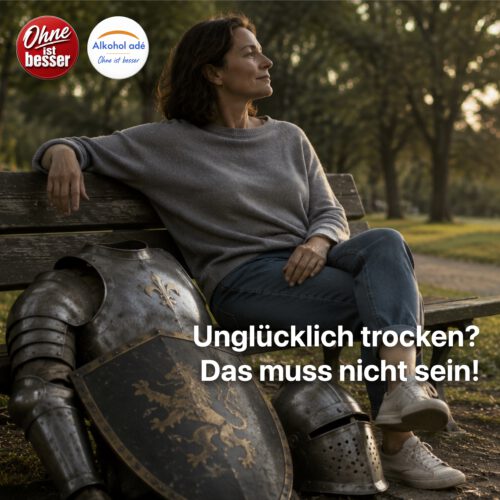 Eine entspannte Frau sitzt auf einer Parkbank im warmen Abendlicht. Neben ihr liegt eine abgelegte Ritterrüstung mit Schild und Helm. Ihr ruhiger Blick in die Ferne symbolisiert, dass der Kampf vorbei ist und sie ihre Last hinter sich gelassen hat.