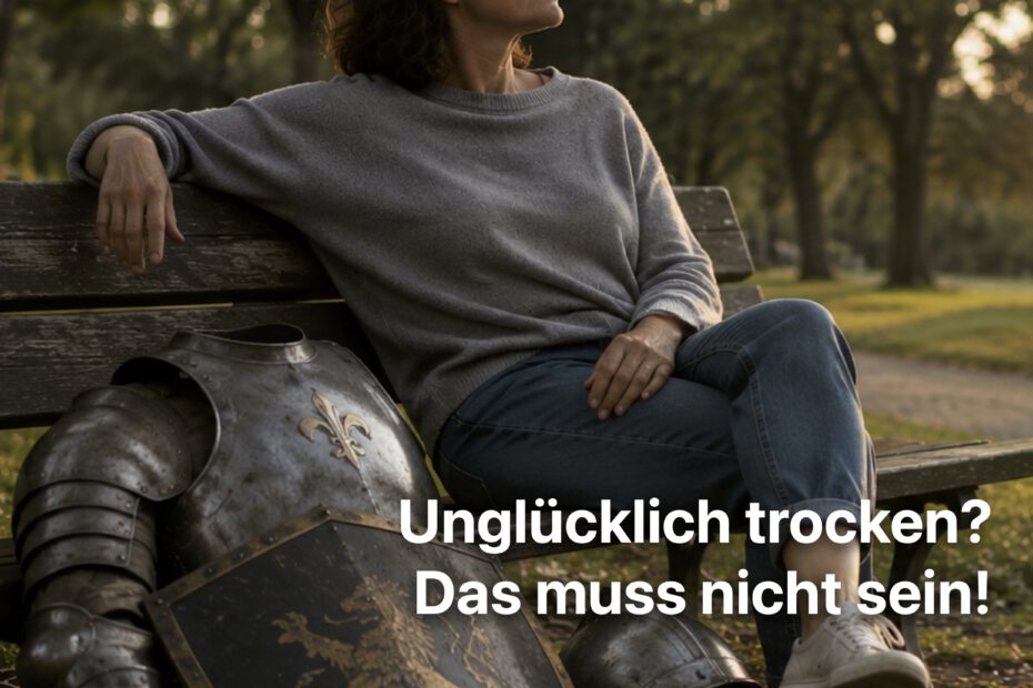 Eine entspannte Frau sitzt auf einer Parkbank im warmen Abendlicht. Neben ihr liegt eine abgelegte Ritterrüstung mit Schild und Helm. Ihr ruhiger Blick in die Ferne symbolisiert, dass der Kampf vorbei ist und sie ihre Last hinter sich gelassen hat.