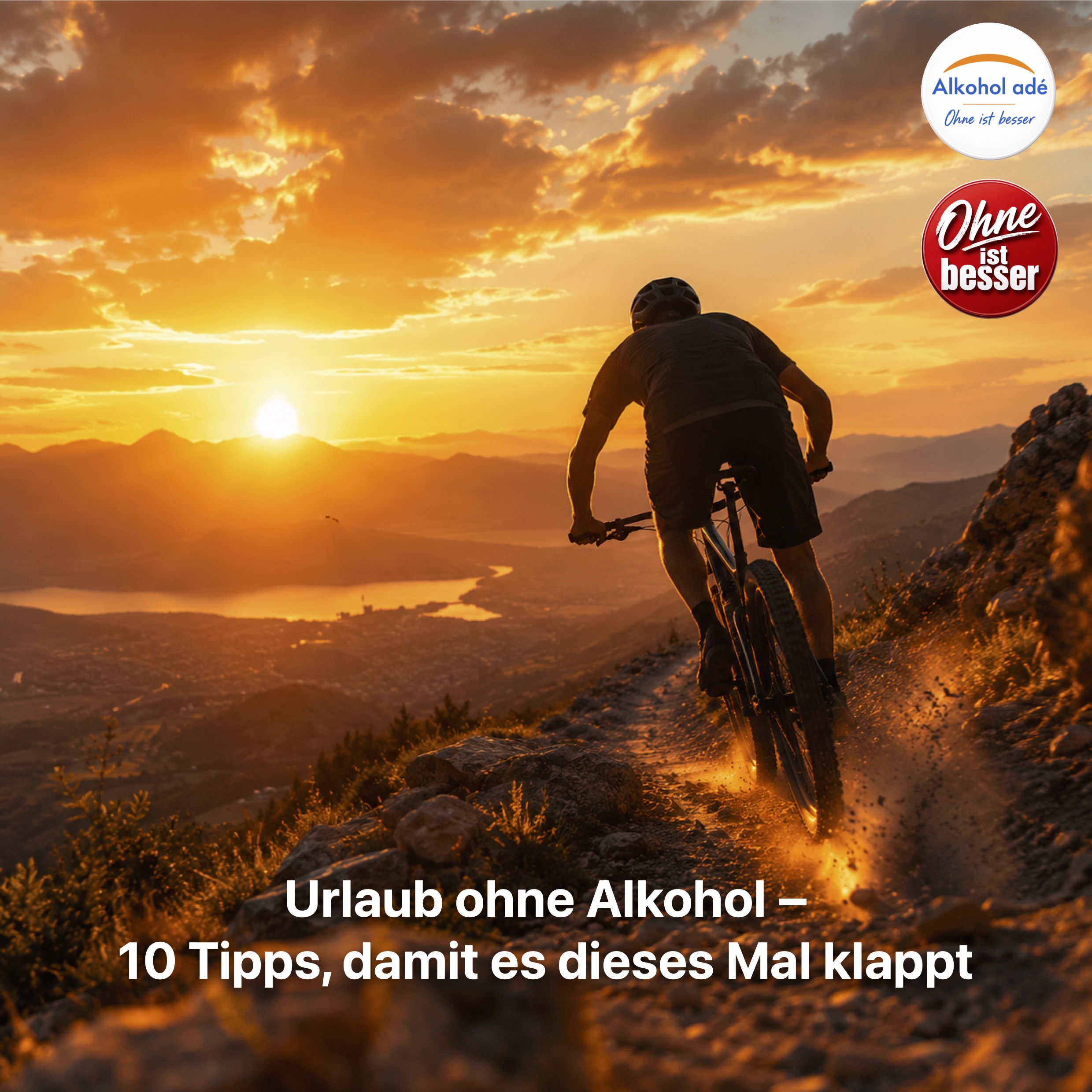Mountainbiker auf einem Berggrat bei Sonnenaufgang