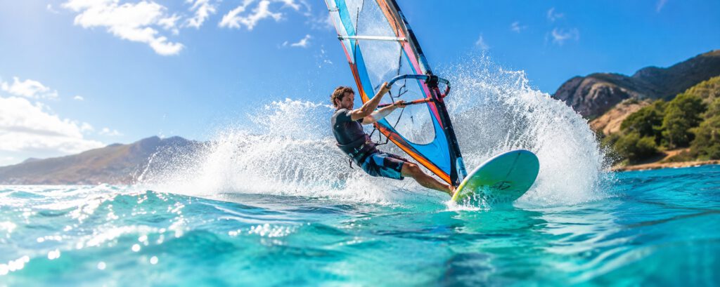 Windsurfer in voller Fahrt auf türkisem Wasser
