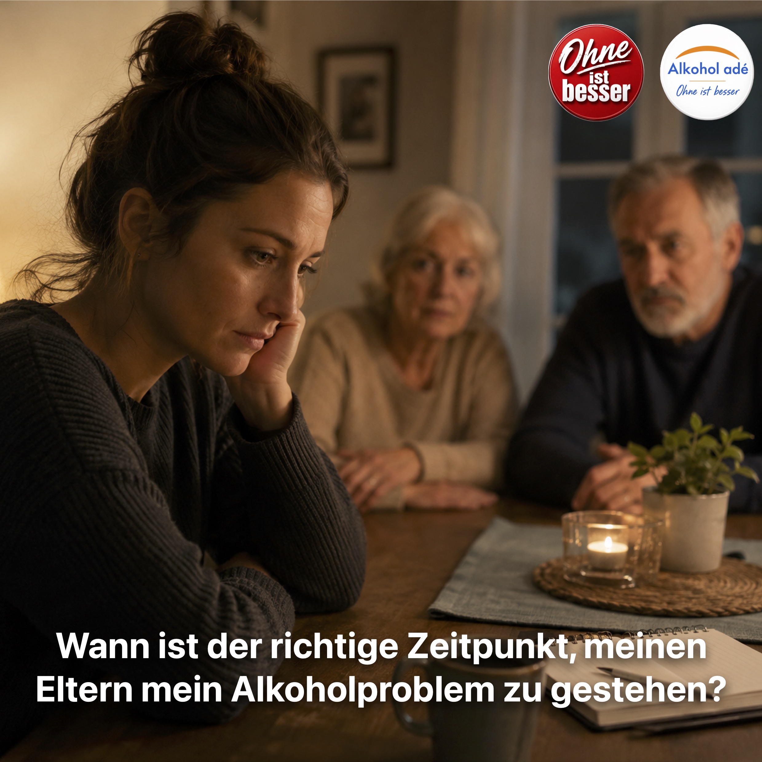 Eine junge Frau sitzt nachdenklich an einem Esstisch und blickt mit sorgenvoller Miene ins Leere. Im unscharfen Hintergrund sitzen ihre Eltern und schauen sie aufmerksam an. Die warme Wohnatmosphäre kontrastiert mit der inneren Anspannung der Frau, die offenbar mit einer schwierigen Entscheidung ringt.
