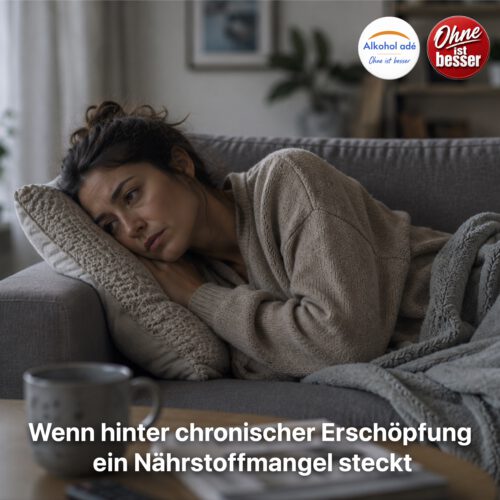 Erschöpfte Frau liegt auf dem Sofa, vor ihr eine Kaffeetasse
