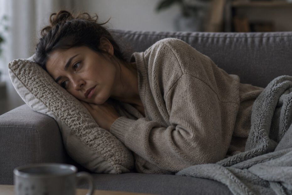 Erschöpfte Frau liegt auf dem Sofa, vor ihr eine Kaffeetasse