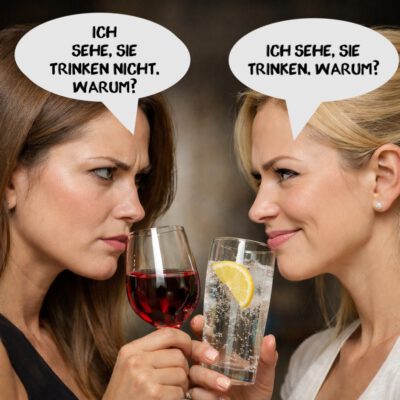 Zwei Frauen stehen sich gegenüber und unterhalten sich über das Trinken ...