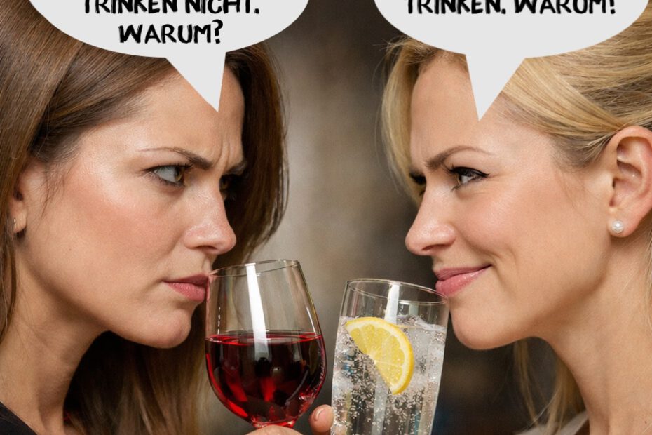 Zwei Frauen stehen sich gegenüber und unterhalten sich über das Trinken ...