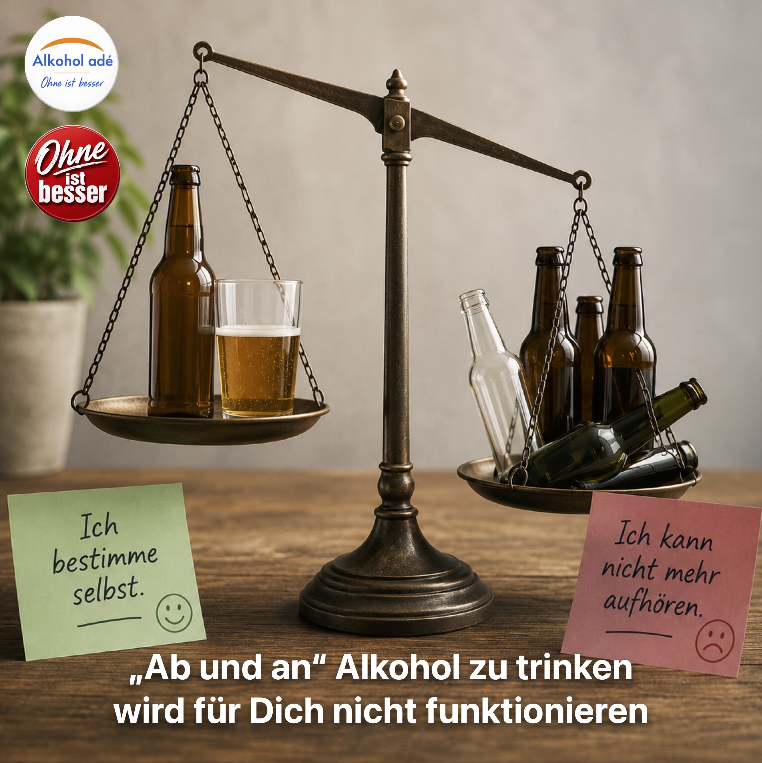 Eine alte Messingwaage auf einem Holztisch zeigt den Unterschied zwischen kontrolliertem und zwanghaftem Alkoholkonsum. Auf der einen Waagschale stehen eine Bierflasche und ein halbvolles Glas, auf der anderen mehrere leere und volle Flaschen, die die Waage deutlich nach unten ziehen. Daneben liegen zwei Notizzettel mit gegensätzlichen Botschaften über Selbstkontrolle und Kontrollverlust. Warmes Tageslicht und ruhiger Hintergrund unterstreichen die symbolische Aussage.
