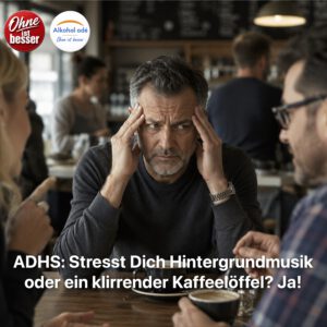 Ein etwa 50-jähriger Mann sitzt angespannt in einem belebten Café und versucht, einem Gespräch zu folgen. Während Menschen um ihn herum reden und ein Kaffeelöffel an einer Tasse klirrt, presst er die Finger an die Schläfen und wirkt sichtbar überfordert von den vielen Geräuschen. Die Szene vermittelt die Reizüberflutung, wie sie viele Menschen mit ADHS im Alltag erleben.