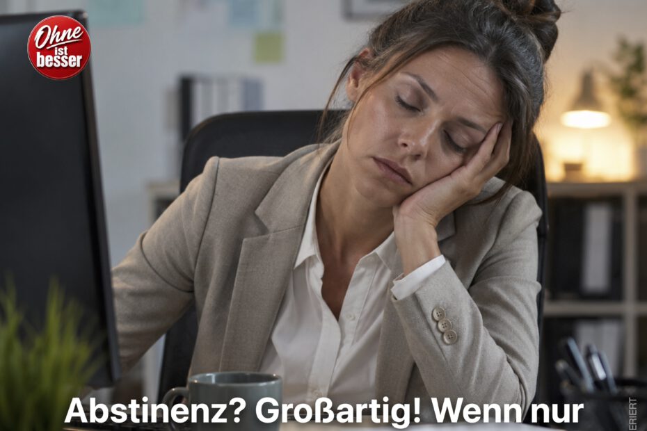 Eine erschöpfte Frau zwischen 30 und 45 Jahren sitzt an ihrem Büroschreibtisch und kämpft mit extremer Müdigkeit. Mit geschlossenen Augen stützt sie den Kopf auf die Hand, während Computer, Kaffeebecher und Unterlagen vor ihr liegen – eine Szene, die die anhaltende Erschöpfung in den ersten Wochen nach dem Alkoholstopp symbolisiert.