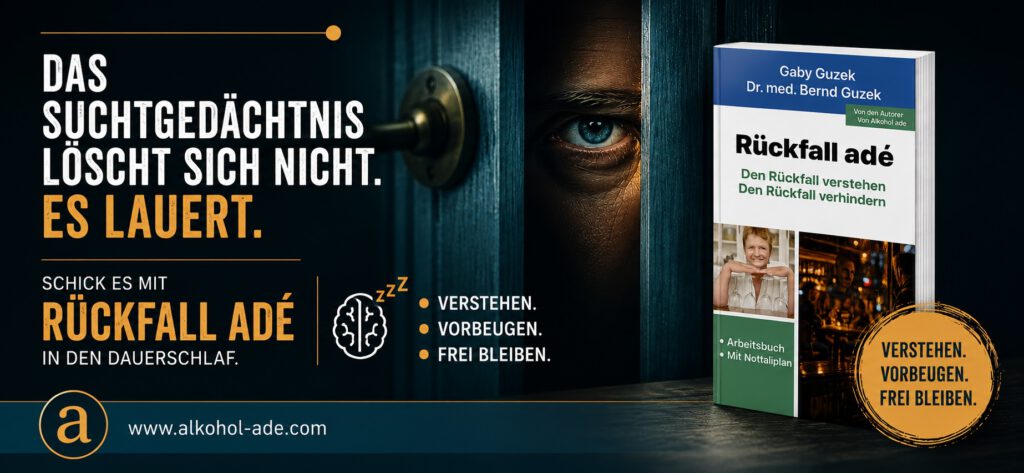 Werbeanzeige für das Buch „Rückfall adé“. Links blickt ein einzelnes Auge durch einen schmal geöffneten Türspalt – Symbol für das lauernde Suchtgedächtnis. Daneben steht in großen Buchstaben: „Das Suchtgedächtnis löscht sich nicht. Es lauert. Schick es mit Rückfall adé in den Dauerschlaf.“ Rechts ist das freigestellte Buchcover zu sehen. Ein runder goldener Störer trägt die Botschaft „Verstehen. Vorbeugen. Frei bleiben.“ Unten steht die Website alkohol-ade.com. Die Gestaltung ist dunkel, kontrastreich und vermittelt Wachsamkeit, Prävention und Hoffnung.
