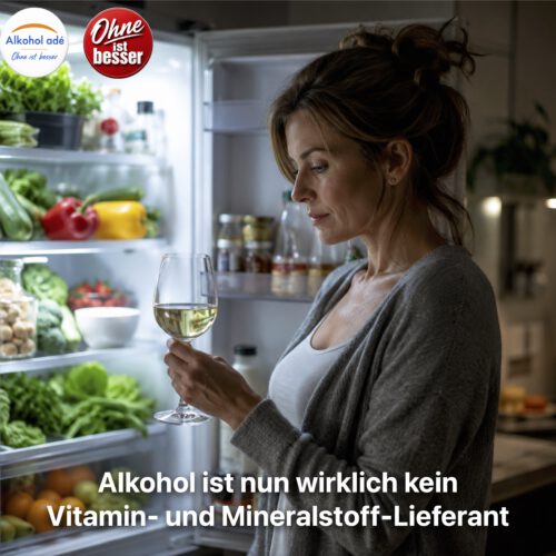 Eine Frau steht abends vor einem geöffneten Kühlschrank voller frischer Lebensmittel. In der Hand hält sie nachdenklich ein Glas Weißwein und blickt darauf, während Gemüse, Obst und Salat im hellen Kühlschranklicht unbeachtet bleiben. Die Szene symbolisiert, wie Alkohol eine gesunde Ernährung verdrängen kann.