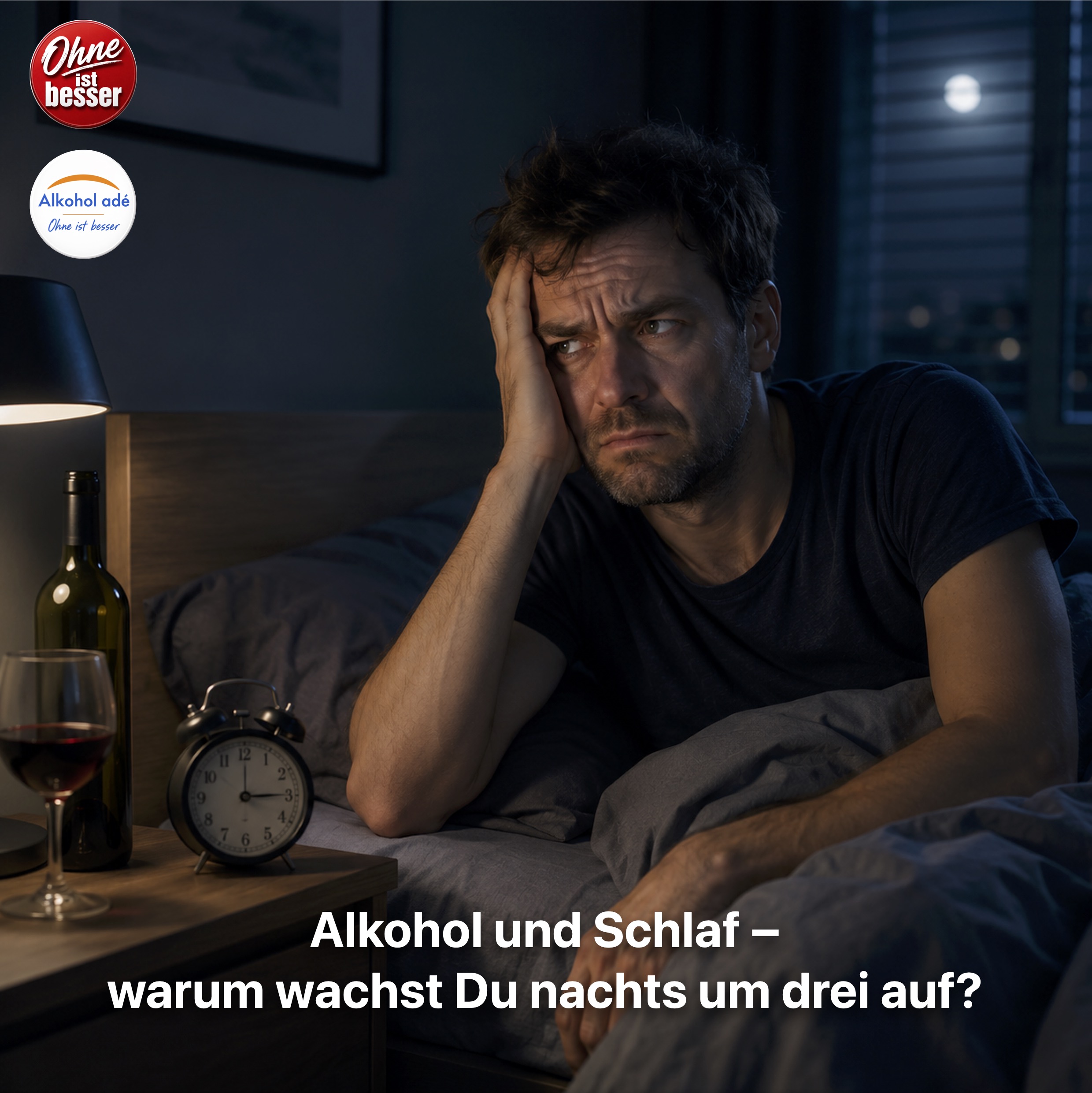 Mann sitzt nachts schlaflos und genervt auf der Bettkante, stützt den Kopf in die Hand und blickt erschöpft ins Leere. Auf dem Nachttisch stehen ein halbvolles Weinglas und eine Flasche Wein. Die dunkle Schlafzimmeratmosphäre vermittelt das typische nächtliche Erwachen nach Alkoholkonsum mit innerer Unruhe und schlechtem Schlaf.