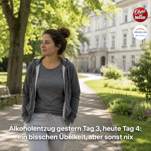 Eine Frau befindet sich während ihres Alkoholentzugs auf einem Spaziergang im weitläufigen Park einer Klinik. In bequemer Freizeitkleidung geht sie entspannt einen sonnigen Weg entlang, im Hintergrund ist ein älteres Klinikgebäude zu sehen. Ihr ruhiger, nachdenklicher Gesichtsausdruck vermittelt Erleichterung und vorsichtigen Optimismus – nach einigen Tagen mit nur milden Entzugssymptomen kann sie sich erstmals wieder frei bewegen und neue Kraft schöpfen.