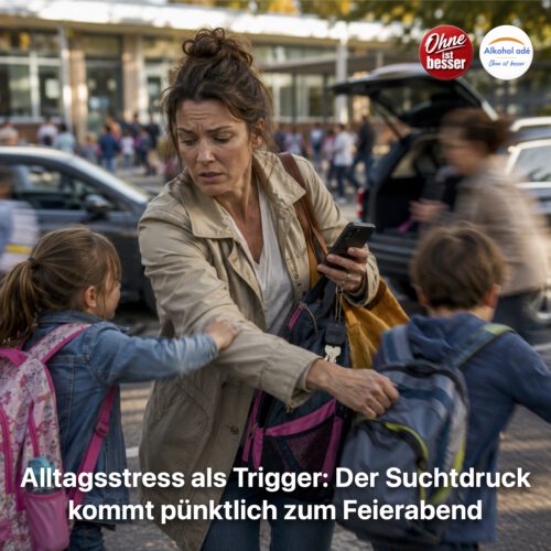 Eine gestresste Mutter holt zwei Schulkinder nach dem Unterricht ab. Während sie Handy, Taschen und Autoschlüssel gleichzeitig in den Händen hält, ziehen die Kinder in unterschiedliche Richtungen. Im Hintergrund herrscht reges Treiben vor der Schule mit parkenden Autos und anderen Familien. Die Szene vermittelt Hektik, Überforderung und den typischen Alltagsstress, der für manche Menschen zum Auslöser von Suchtdruck werden kann.