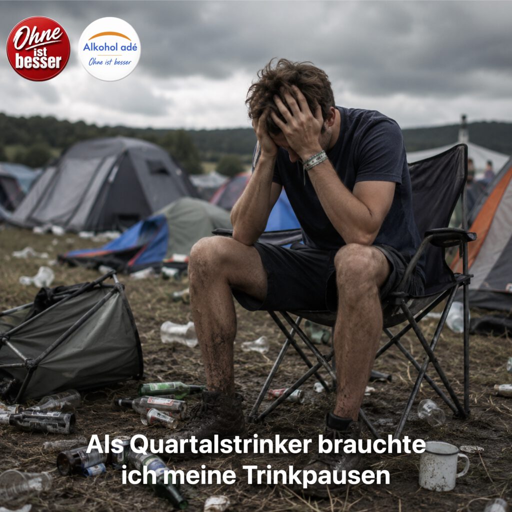 Ein Mann Ende zwanzig sitzt am Morgen nach einem Open-Air-Festival erschöpft auf einem Campingstuhl. Er hält den Kopf in den Händen. Um ihn herum liegen leere Flaschen, Becher und ein zusammengefallenes Zelt auf einem matschigen Festivalgelände unter grauem Himmel. Das Bild vermittelt die körperlichen Folgen einer durchfeierten Nacht und den Wunsch nach einer längeren Trinkpause.