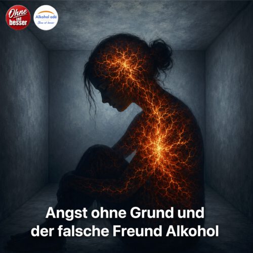 Editorial-Illustration einer Frau als dunkle Silhouette, die allein in einem kleinen, engen Raum sitzt. Im Inneren ihres Körpers und Kopfes leuchtet ein dichtes Netz aus orange-roten, blitzartigen Strukturen, das einen heftigen inneren Nervensturm symbolisiert. Der Raum selbst wirkt ruhig, kühl und still und bildet einen starken Kontrast zur intensiven Aktivität im Inneren der Figur.