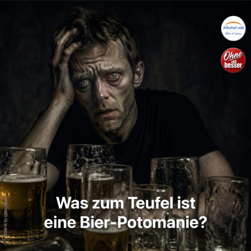 Ein Mann in einem schwarzen T-Shirt sitzt in einem stark abgedunkelten Raum an einem dunklen Tisch. Vor ihm stehen mehrere Biergläser – einige noch voll, andere halb geleert oder leer. Sein verwirrter, erschöpfter Gesichtsausdruck und der starre Blick vermitteln Orientierungslosigkeit und den Eindruck einer schweren alkoholbedingten Krise. Das warme Gelb des Bieres hebt sich deutlich von den dunklen Farben der Umgebung ab und lenkt den Blick auf den Kontrast zwischen der scheinbar harmlosen Getränkefarbe und der bedrohlichen Situation.