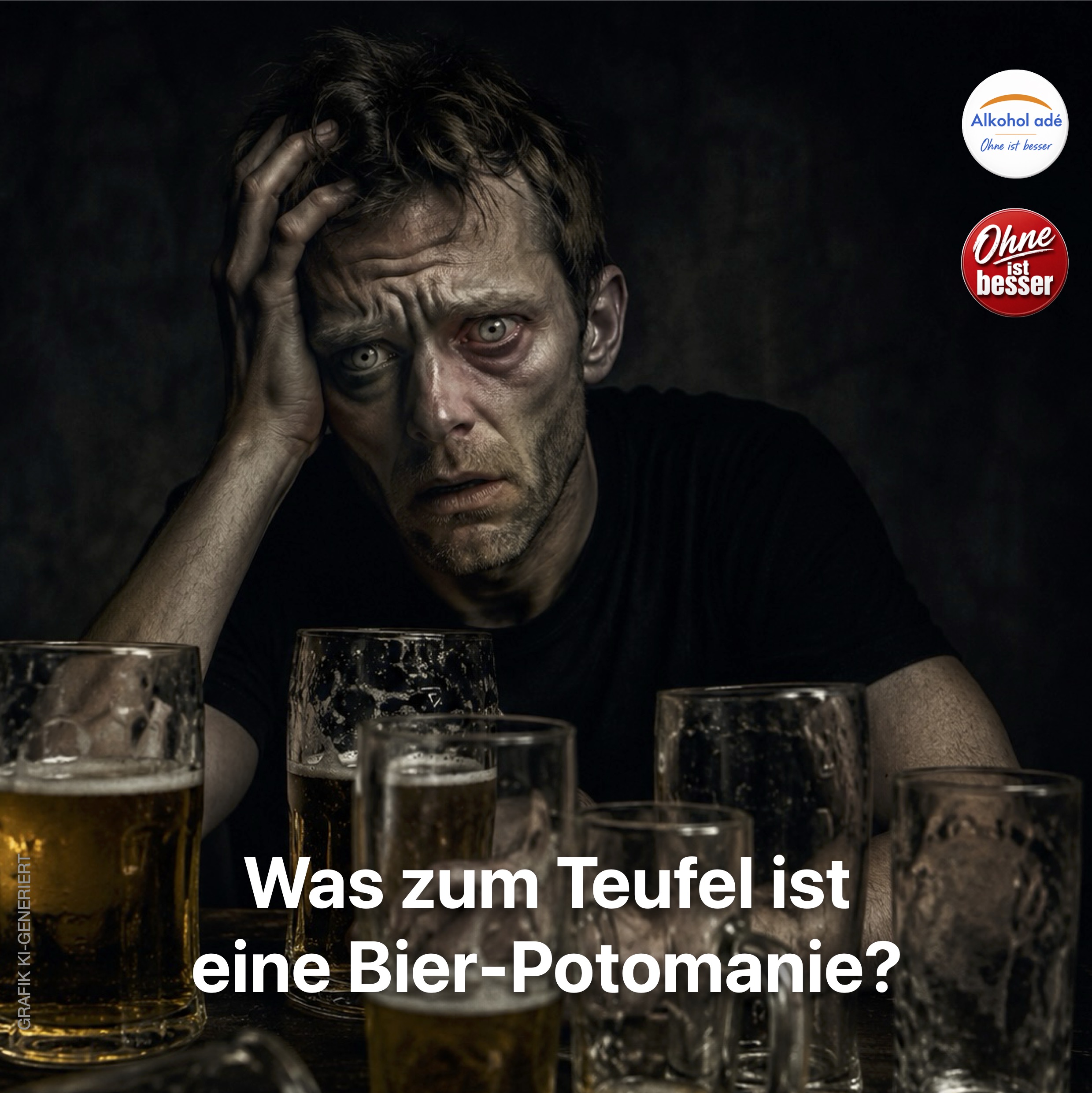 Ein Mann in einem schwarzen T-Shirt sitzt in einem stark abgedunkelten Raum an einem dunklen Tisch. Vor ihm stehen mehrere Biergläser – einige noch voll, andere halb geleert oder leer. Sein verwirrter, erschöpfter Gesichtsausdruck und der starre Blick vermitteln Orientierungslosigkeit und den Eindruck einer schweren alkoholbedingten Krise. Das warme Gelb des Bieres hebt sich deutlich von den dunklen Farben der Umgebung ab und lenkt den Blick auf den Kontrast zwischen der scheinbar harmlosen Getränkefarbe und der bedrohlichen Situation.