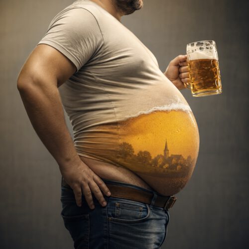 Seitenansicht eines übergewichtigen Mannes mit ausgeprägtem Bierbauch, der humorvoll wie ein halb gefülltes Bierglas mit Schaumkrone gestaltet ist. Der Mann hält einen Bierkrug in der Hand, der Fokus liegt auf der symbolischen Darstellung des Zusammenhangs zwischen regelmäßigem Bierkonsum und Bauchumfang.