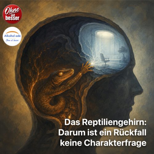 Künstlerische Darstellung des Reptiliengehirns: Eine Eidechse sitzt im Kleinhirn und greift nach dem präfrontalen Kortex, der Kommandozentraloe unsere Gehirns