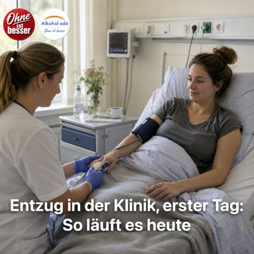 Eine Patientin liegt am ersten Tag ihres Alkoholentzugs ruhig in einem hellen Krankenhauszimmer im Bett. Eine Pflegekraft misst mit einem Pulsoximeter die Sauerstoffsättigung am Finger, während die Blutdruckmanschette bereits am Oberarm angelegt ist. Die Atmosphäre wirkt sachlich, sicher und beruhigend – medizinische Überwachung ohne dramatische Inszenierung.