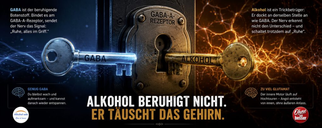 Grafik eines GABA-A-Rezeptors als Schloss. Ein blauer GABA-Schlüssel und ein goldener Alkohol-Schlüssel symbolisieren, dass Alkohol dieselbe Bindungsstelle nutzt wie GABA und so dem Gehirn Ruhe vortäuscht.