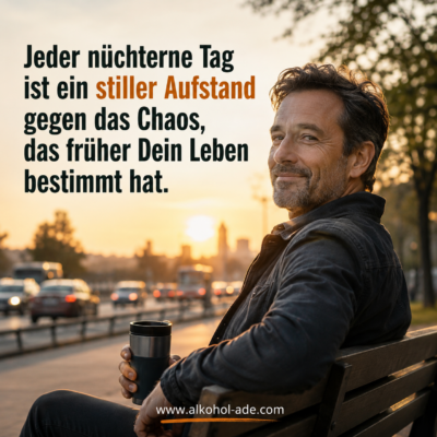Mann sitzt mit einer Kaffeetasse auf einer Bank, im Hintergrund eine Straße im Berufsverkehr. Text im Bild: „Jeder nüchterne Tag ist ein stiller Aufstand gegen das Chaos, das früher Dein Leben bestimmt hat.“