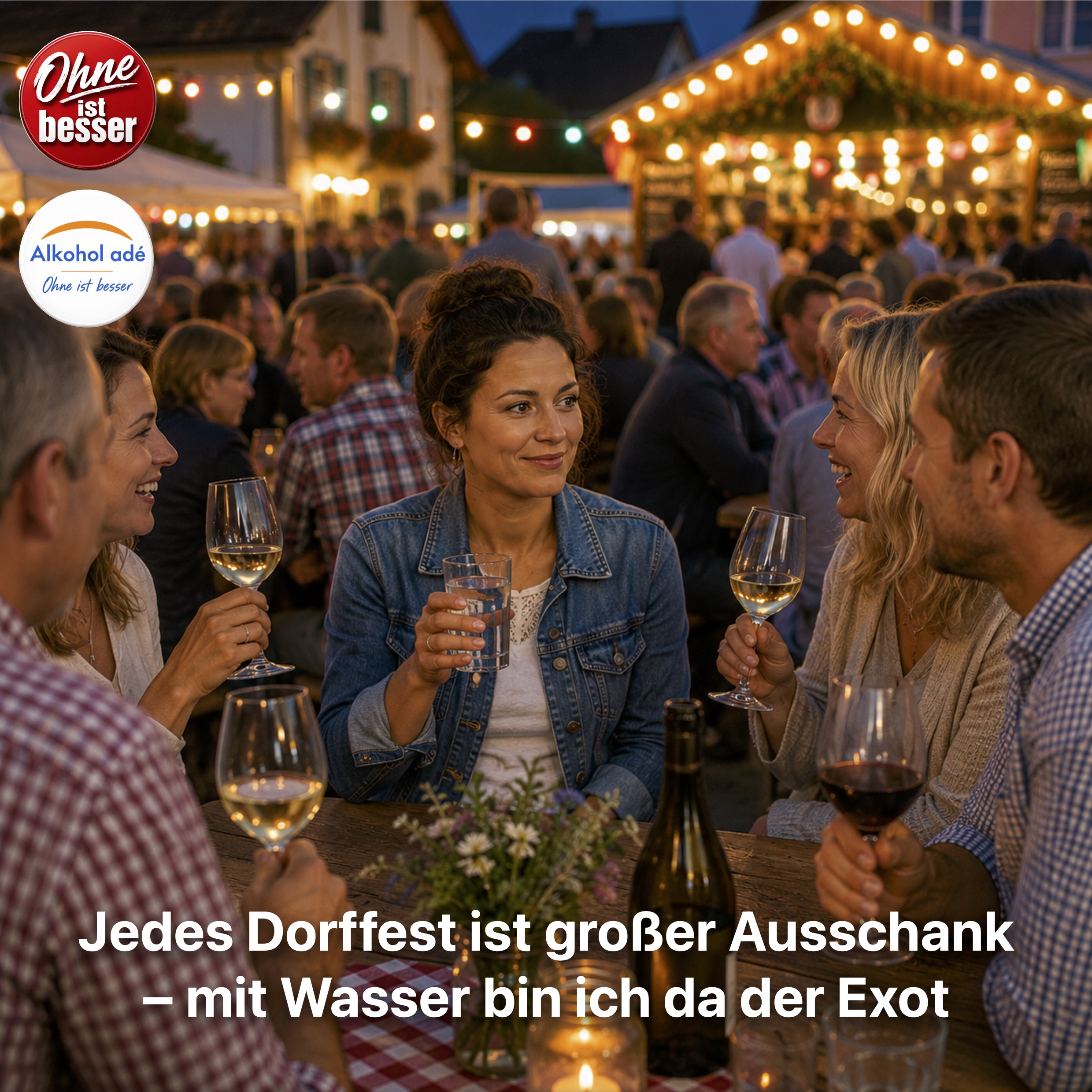 Eine Frau sitzt auf einem gut besuchten Dorffest an einem langen Holztisch und hält ein Glas Wasser in der Hand, während die Menschen um sie herum Wein trinken. Sie wirkt ruhig, aufmerksam und in das Gespräch eingebunden – zugleich hebt sich ihr alkoholfreies Getränk deutlich von den Gläsern der anderen ab. Im Hintergrund sorgen Lichterketten und die festliche Atmosphäre für den Eindruck eines geselligen Dorfabends.