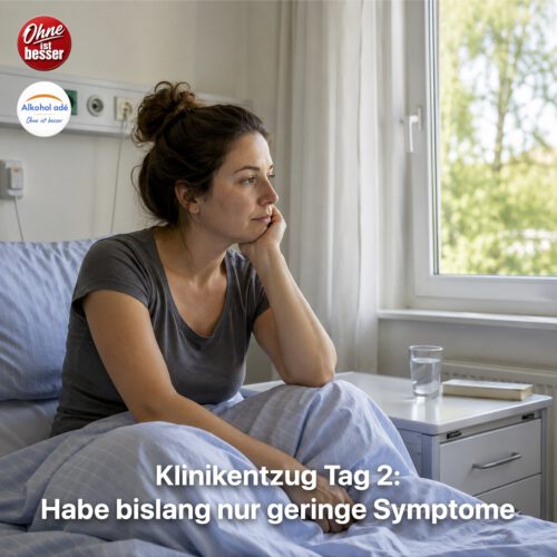 Eine Frau sitzt nachdenklich in einem Klinikbett und stützt den Kopf auf ihre Hand. Das helle Patientenzimmer wirkt ruhig und aufgeräumt. Ein Glas Wasser steht auf dem Nachttisch, während sie mit ernstem, aber gefasstem Blick aus dem Fenster schaut – ein Sinnbild für die Geduld und das Abwarten während der ersten Tage eines Alkoholentzugs mit bislang nur milden Symptomen.