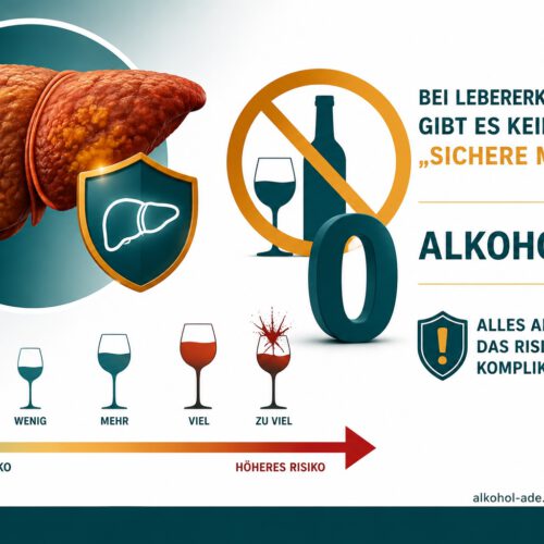 Infografik zur Alkoholabstinenz bei Lebererkrankungen: Es gibt keine sichere Alkoholmenge. Nur vollständiger Alkoholverzicht senkt das Risiko weiterer Komplikationen.