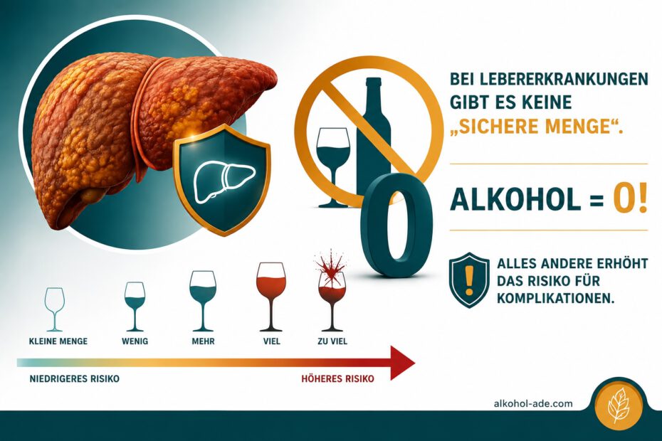 Infografik zur Alkoholabstinenz bei Lebererkrankungen: Es gibt keine sichere Alkoholmenge. Nur vollständiger Alkoholverzicht senkt das Risiko weiterer Komplikationen.