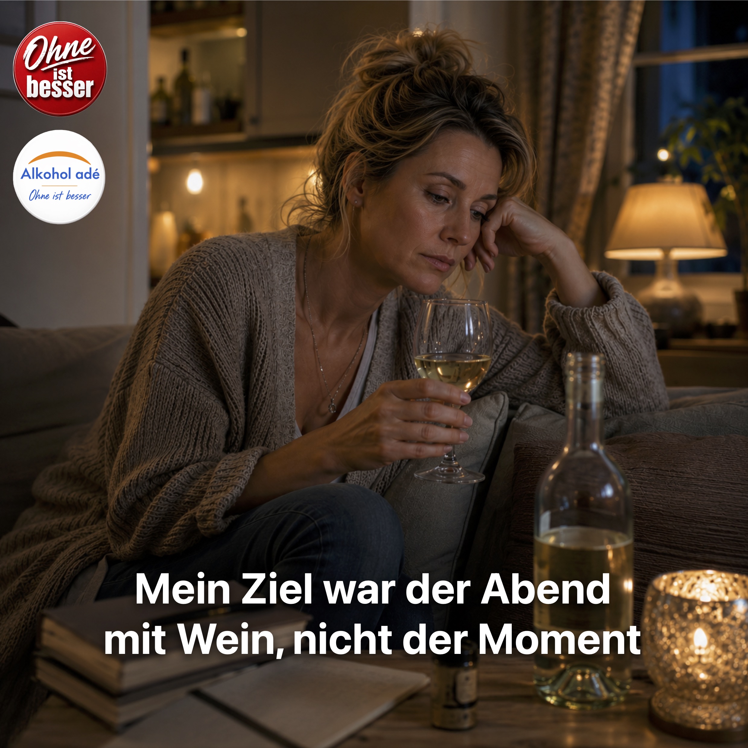 Eine Frau sitzt abends allein auf einem Sofa in ihrem Wohnzimmer und hält nachdenklich ein Glas Weißwein in der Hand. Vor ihr stehen eine geöffnete Weinflasche, Notizbuch und Kerze auf dem Couchtisch. Die warme Beleuchtung und ihr nach innen gerichteter Blick vermitteln den Versuch, im Wein Entspannung und Abstand vom belastenden Alltag zu finden.