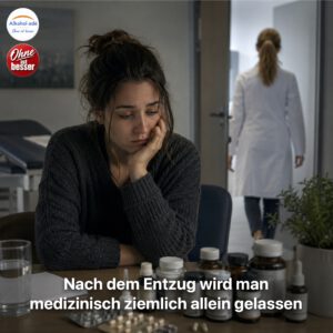 Junge Frau sitzt nachdenklich an einem Tisch in einem Untersuchungszimmer. Vor ihr stehen verschiedene Nahrungsergänzungsmittel und Medikamentenfläschchen, während im Hintergrund eine Ärztin den Raum verlässt. Die Szene vermittelt das Gefühl, nach einem Alkoholentzug mit offenen Fragen und der weiteren Versorgung allein gelassen zu werden.