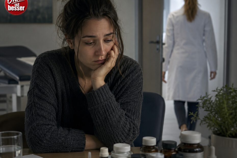 Junge Frau sitzt nachdenklich an einem Tisch in einem Untersuchungszimmer. Vor ihr stehen verschiedene Nahrungsergänzungsmittel und Medikamentenfläschchen, während im Hintergrund eine Ärztin den Raum verlässt. Die Szene vermittelt das Gefühl, nach einem Alkoholentzug mit offenen Fragen und der weiteren Versorgung allein gelassen zu werden.
