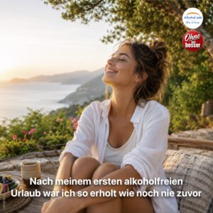 Das Bild fängt die stille Freude eines wirklich erholsamen, alkoholfreien Urlaubs ein – mit Fokus auf Ruhe, Weite und dem bewussten Genießen des Augenblicks.