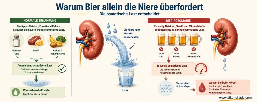 Infografik zur Bier-Potomanie mit Vergleich zwischen normaler Ernährung und fast ausschließlichem Bierkonsum. Links zeigen Natrium, Eiweiß sowie Kalium und andere Mineralstoffe eine ausreichende osmotische Last, sodass die Niere überschüssiges Wasser über den Urin ausscheiden kann und der Wasserhaushalt stabil bleibt. Rechts fehlen diese Nährstoffe weitgehend: Die osmotische Last ist zu gering, die Niere erreicht ihr Ausscheidungslimit, Wasser bleibt im Körper und der Natriumspiegel wird verdünnt. Die Grafik verdeutlicht den Mechanismus, der einer Verdünnungshyponatriämie bei Bier-Potomanie zugrunde liegt.