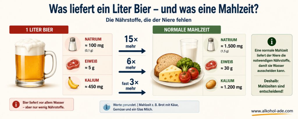 Infografik zum Vergleich eines Liters Bier mit einer normalen Mahlzeit. Links zeigt ein Bierkrug, dass ein Liter Bier nur geringe Mengen Natrium (ca. 100 mg), Eiweiß (ca. 5 g) und Kalium (ca. 450 mg) liefert. Rechts steht eine ausgewogene Mahlzeit mit Brot, Käse, Gemüse und einem Glas Milch, die deutlich mehr Natrium (ca. 1.500 mg), Eiweiß (ca. 30 g) und Kalium (ca. 1.200 mg) enthält. Dazwischen verdeutlichen Pfeile den Unterschied: etwa 15-mal mehr Natrium, 6-mal mehr Eiweiß und fast 3-mal mehr Kalium. Die Grafik erklärt, dass Bier vor allem Wasser liefert, während eine normale Mahlzeit die osmotische Last bereitstellt, die die Niere benötigt, um überschüssiges Wasser auszuscheiden.