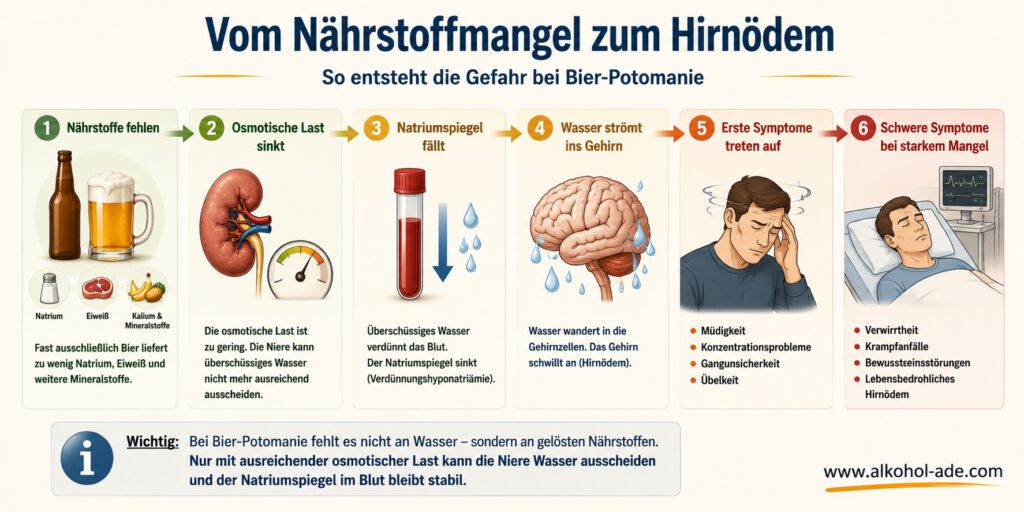 Infografik zum Ablauf der Bier-Potomanie vom Nährstoffmangel bis zum Hirnödem. In sechs aufeinanderfolgenden Schritten zeigt sie den Krankheitsmechanismus: Eine Ernährung mit fast ausschließlich Bier liefert zu wenig Natrium, Eiweiß und andere Mineralstoffe. Dadurch sinkt die osmotische Last, sodass die Niere überschüssiges Wasser nicht mehr ausreichend ausscheiden kann. Das Blut wird verdünnt und der Natriumspiegel fällt (Verdünnungshyponatriämie). Wasser strömt anschließend in die Gehirnzellen und lässt das Gehirn anschwellen. Zunächst treten Müdigkeit, Konzentrationsprobleme, Gangunsicherheit und Übelkeit auf. Bei weiter sinkendem Natriumspiegel können Verwirrtheit, Krampfanfälle, Bewusstseinsstörungen und schließlich ein lebensbedrohliches Hirnödem folgen. Die Grafik betont, dass bei Bier-Potomanie nicht ein Wassermangel, sondern ein Mangel an gelösten Nährstoffen das eigentliche Problem ist.