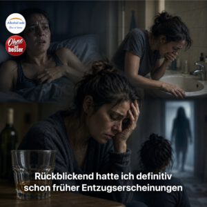 Fotorealistische Collage einer erschöpften Frau während eines Alkoholentzugs: schweißgebadet im Bett, mit Übelkeit am Waschbecken, verzweifelt am Tisch sitzend und nachts von Halluzinationen gequält. Das Bild verdeutlicht die körperlichen und psychischen Belastungen eines unbehandelten kalten Alkoholentzugs.