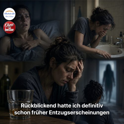 Fotorealistische Collage einer erschöpften Frau während eines Alkoholentzugs: schweißgebadet im Bett, mit Übelkeit am Waschbecken, verzweifelt am Tisch sitzend und nachts von Halluzinationen gequält. Das Bild verdeutlicht die körperlichen und psychischen Belastungen eines unbehandelten kalten Alkoholentzugs.