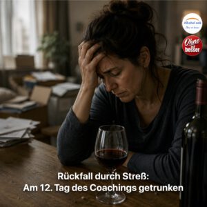 Erschöpfte Frau sitzt nach einem belastenden Tag an einem Holztisch und hält sich den Kopf. Vor ihr stehen ein Glas Rotwein und eine Weinflasche, im Hintergrund liegen Unterlagen und Umzugskartons. Die Szene vermittelt den Moment eines alkoholbedingten Rückfalls nach einer langen Phase emotionaler Anspannung und organisatorischer Belastung.