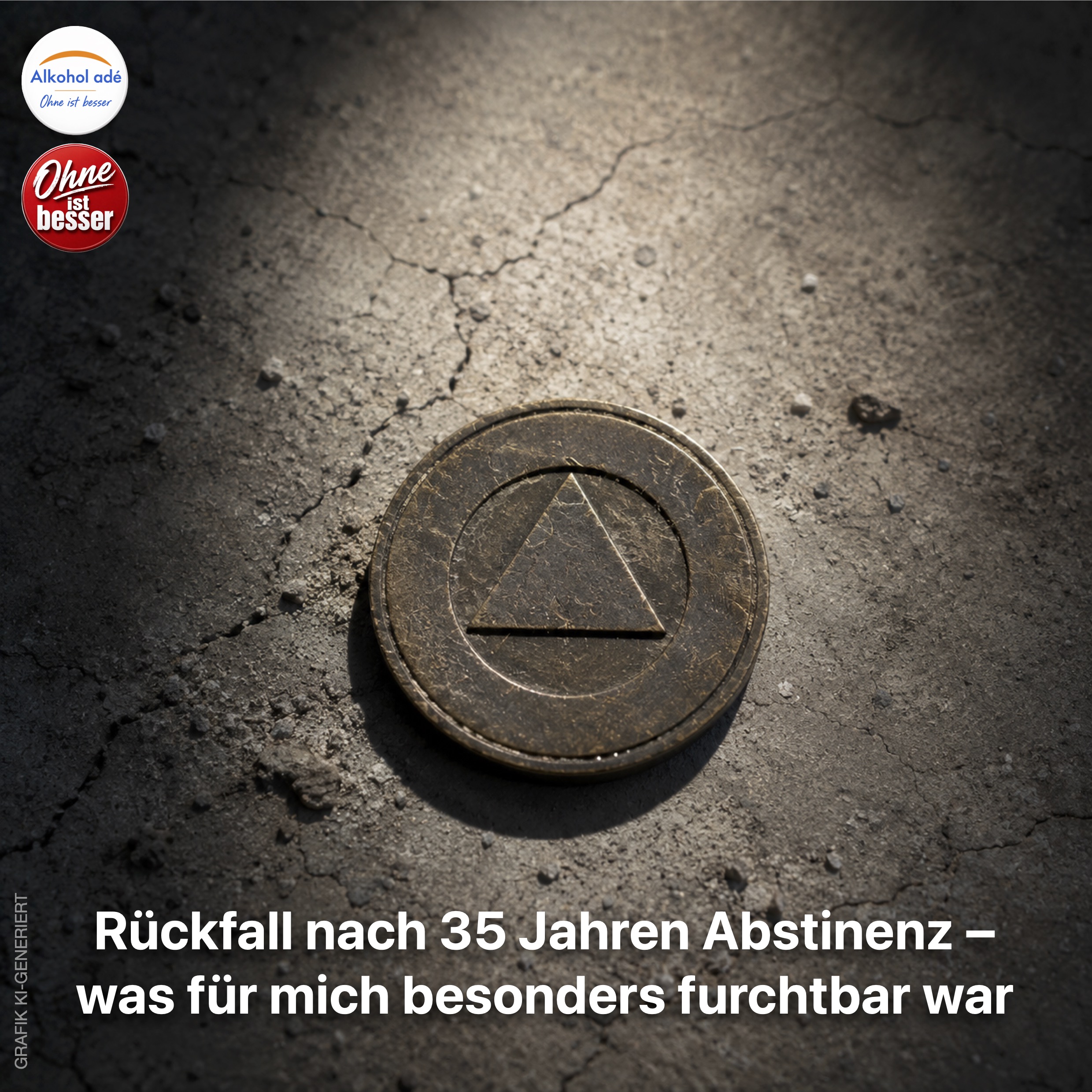 Ein stark abgenutzter Nüchternheits-Chip auf rissigem Beton, mit Staub und hartem Licht als Symbol dafür, dass selbst jahrzehntelange Abstinenz keine absolute Garantie ist.