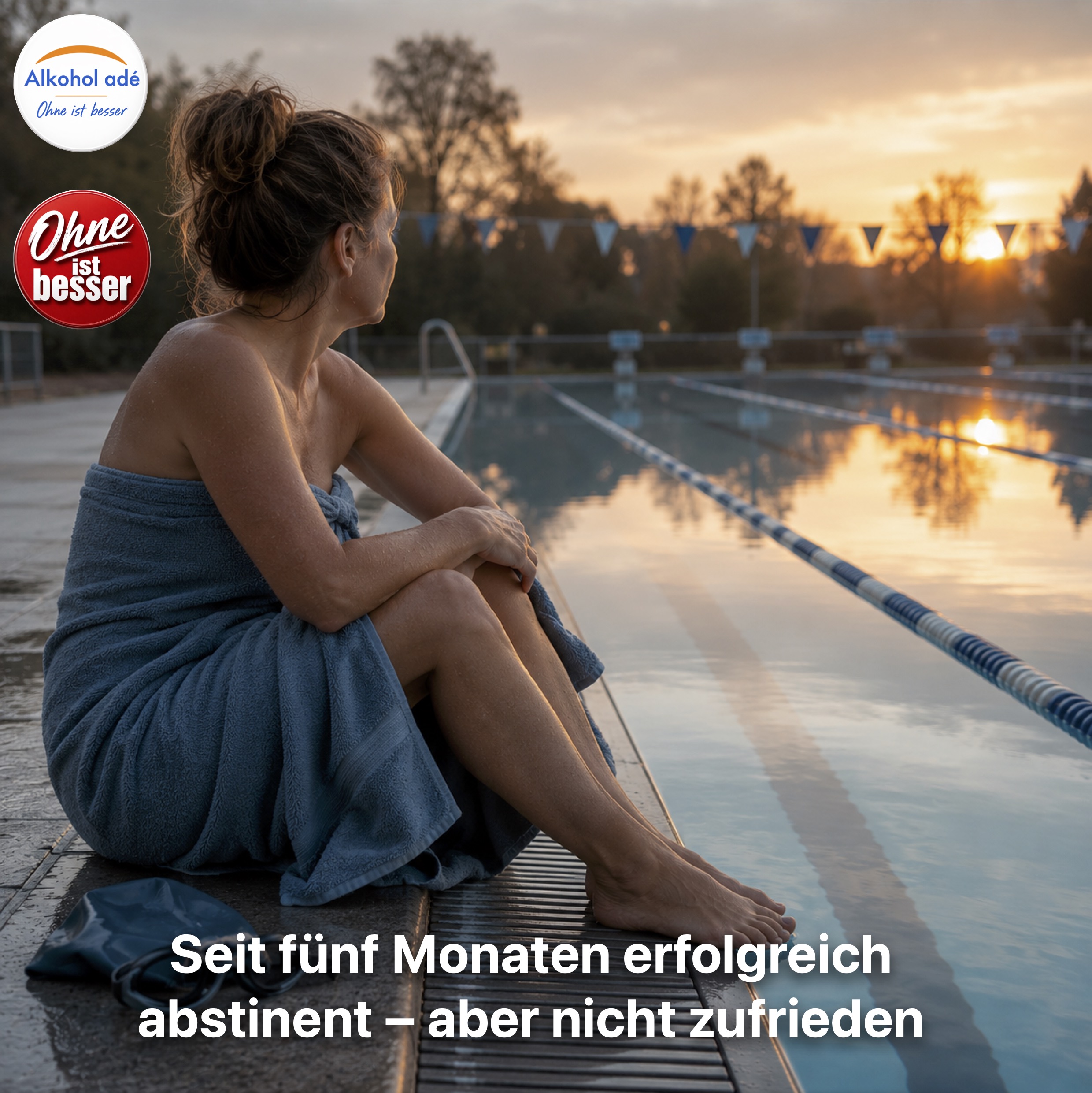 Person am leeren Schwimmbecken bei Morgenlicht, nachdenklicher Blick auf Wasseroberfläche nach Abstinenz