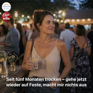 Eine lächelnde Frau steht entspannt auf einem sommerlichen Fest im Freien und hält ein Glas Wasser mit Zitronenscheibe in der Hand. Um sie herum unterhalten sich Menschen in lockerer Atmosphäre, während Lichterketten im Hintergrund warm leuchten. Sie wirkt gelassen, selbstbewusst und selbstverständlich Teil der Gesellschaft – ohne Alkohol im Mittelpunkt.