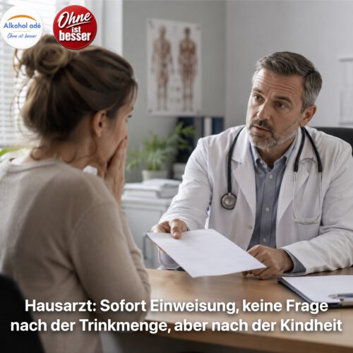 Eine überraschte Frau sitzt im Sprechzimmer ihres Hausarztes. Der Arzt reicht ihr über den Schreibtisch eine Einweisung oder Überweisung, während sie ihn mit fassungslosem Blick ansieht und sich eine Hand vor den Mund hält. Die ruhige, sachliche Arztpraxis unterstreicht den Moment, in dem sie von der schnellen Entscheidung des Arztes völlig überrumpelt wird.