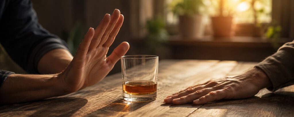Suchtdruck überwinden – Hand schiebt ein Glas weg