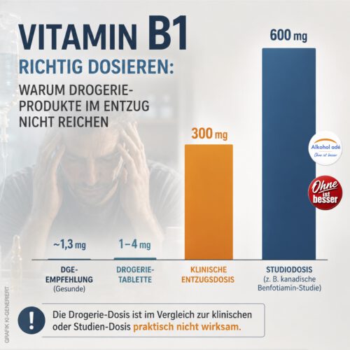 Infografik zum Thema Vitamin B1 im Alkoholentzug. Im leicht ausgeblendeten Hintergrund sitzt ein Mann mit den Händen an den Schläfen, daneben angedeutet eine Infusion und Medikamentenfläschchen. Im Vordergrund vergleicht eine Balkengrafik vier Vitamin-B1-Dosierungen: die DGE-Empfehlung für Gesunde (ca. 1,3 mg), handelsübliche Drogeriepräparate (1–4 mg), die klinische Entzugsdosis (300 mg) und eine Studiendosis (600 mg). Die ersten beiden Balken sind im Vergleich zu den hohen klinischen Dosierungen nahezu unsichtbar und verdeutlichen auf einen Blick den enormen Unterschied.