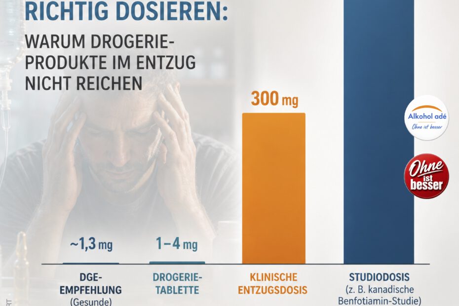 Infografik zum Thema Vitamin B1 im Alkoholentzug. Im leicht ausgeblendeten Hintergrund sitzt ein Mann mit den Händen an den Schläfen, daneben angedeutet eine Infusion und Medikamentenfläschchen. Im Vordergrund vergleicht eine Balkengrafik vier Vitamin-B1-Dosierungen: die DGE-Empfehlung für Gesunde (ca. 1,3 mg), handelsübliche Drogeriepräparate (1–4 mg), die klinische Entzugsdosis (300 mg) und eine Studiendosis (600 mg). Die ersten beiden Balken sind im Vergleich zu den hohen klinischen Dosierungen nahezu unsichtbar und verdeutlichen auf einen Blick den enormen Unterschied.