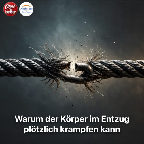 Symbolbild für den Alkoholentzug: Ein unter extremer Spannung stehendes Stahlseil reißt im Moment der höchsten Belastung. Die Illustration steht sinnbildlich für das neurobiologische Ungleichgewicht, das sich über Jahre des Alkoholkonsums entwickelt und im Alkoholentzug zu schweren Komplikationen wie Krampfanfällen führen kann.
