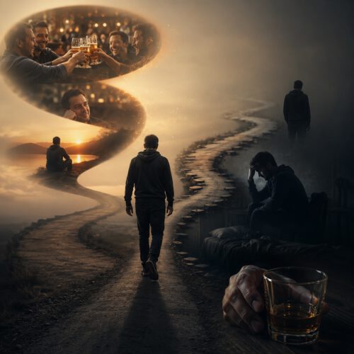 Ein Mann geht allein einen gewundenen Weg durch eine neblige Landschaft. Entlang des Weges erscheinen warme Erinnerungen an frühere Trinksituationen, während am Ende eine Hand mit einem Glas Alkohol und eine niedergeschlagene Person im Schatten zu sehen sind. Das symbolische Motiv veranschaulicht, dass ein Rückfall nicht plötzlich entsteht, sondern sich schrittweise durch Veränderungen in Gedanken und Verhalten entwickelt.